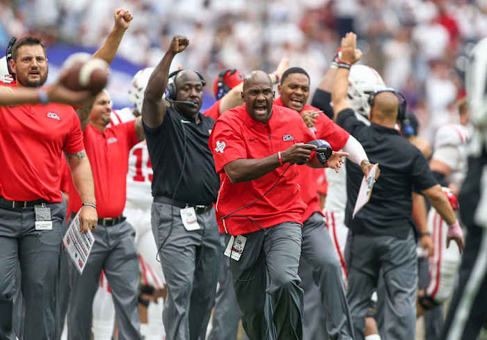 Mississippi Rebels co-defensive coordinator Jason Jones reacts after a defensive play against the Texas Tech Red Raiders during the fourth quarter at NRG Stadium on Sept. 1, 2018.